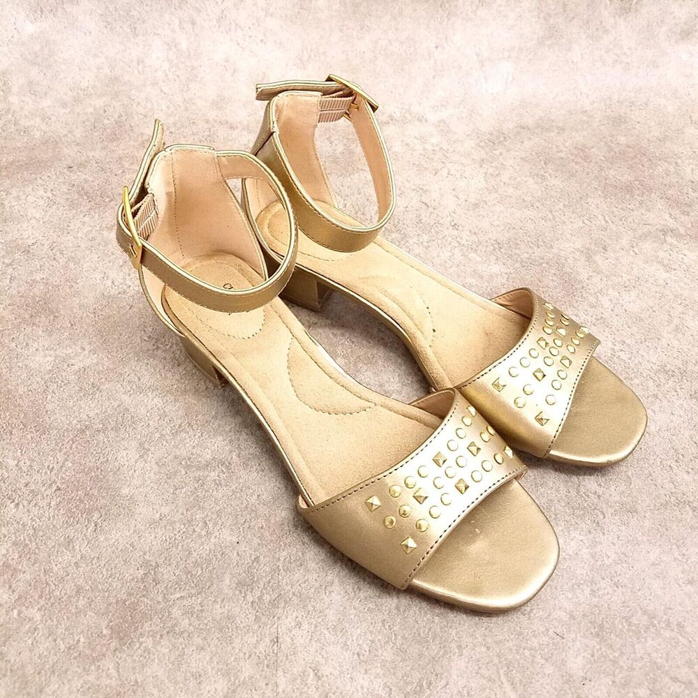 Cushion Walk by Avon Womens Size 6 Gold Ankle Strap Studded Low Block Heels